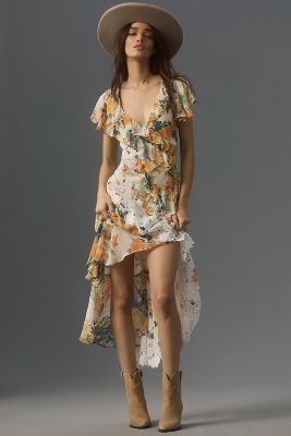 Shop By Anthropologie V-neck Ruffle Lace Slip Dress In Multicolor