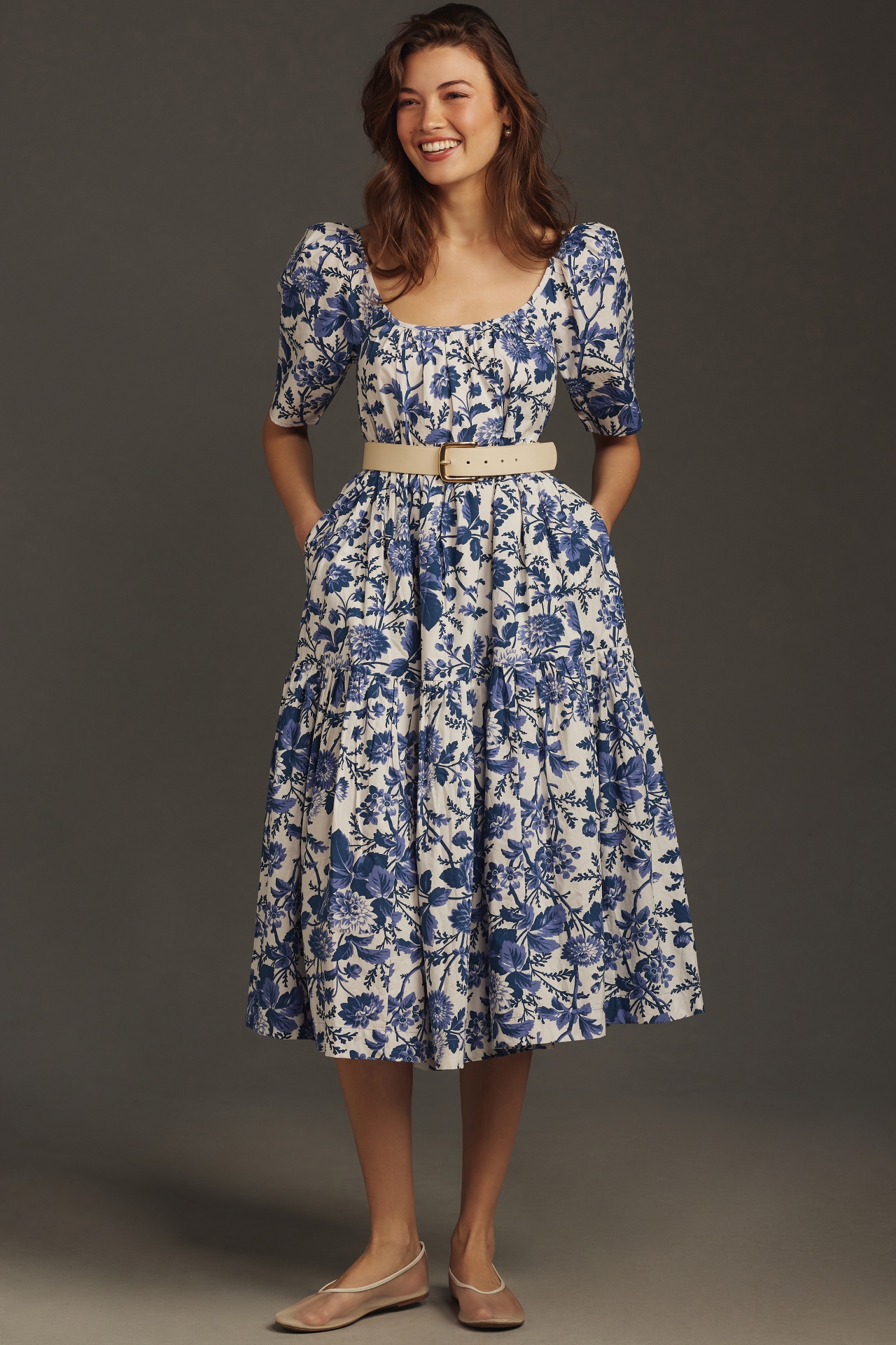 By Anthropologie Tiered Poplin Midi Dress