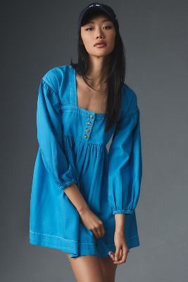 By Anthropologie Long-sleeve Square-neck Denim Babydoll Mini Dress In Blue