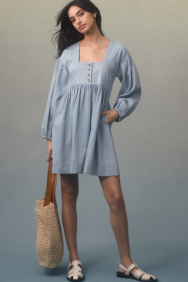 By Anthropologie Long-sleeve Square-neck Denim Babydoll Mini Dress In Blue