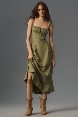 By Anthropologie Utility Square-neck A-line Midi Dress In Green