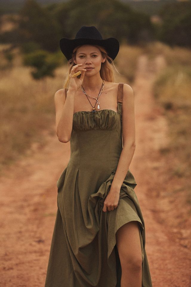 By Anthropologie Linen Utility Square-Neck A-Line Midi Dress #4