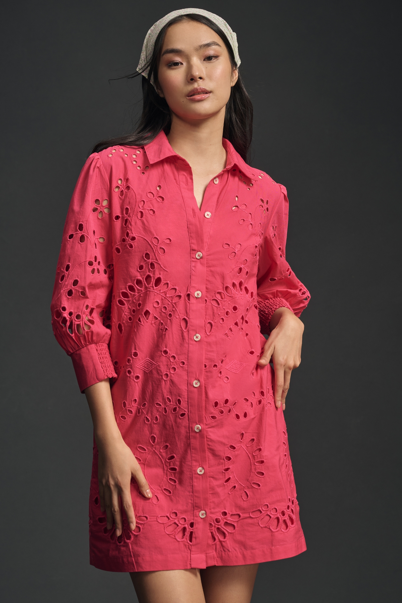 By Anthropologie Long-Sleeve Embroidered Buttondown Mini Dress