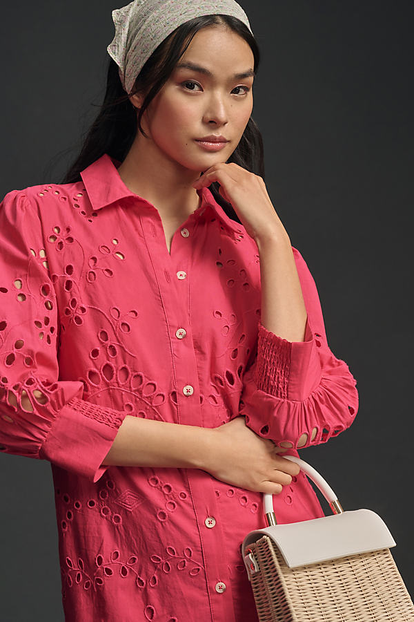By Anthropologie Long-sleeve Embroidered Buttondown Mini Dress In Pink