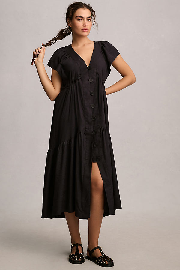 By Anthropologie Flutter-Sleeve Linen Button-Front Midi Dress