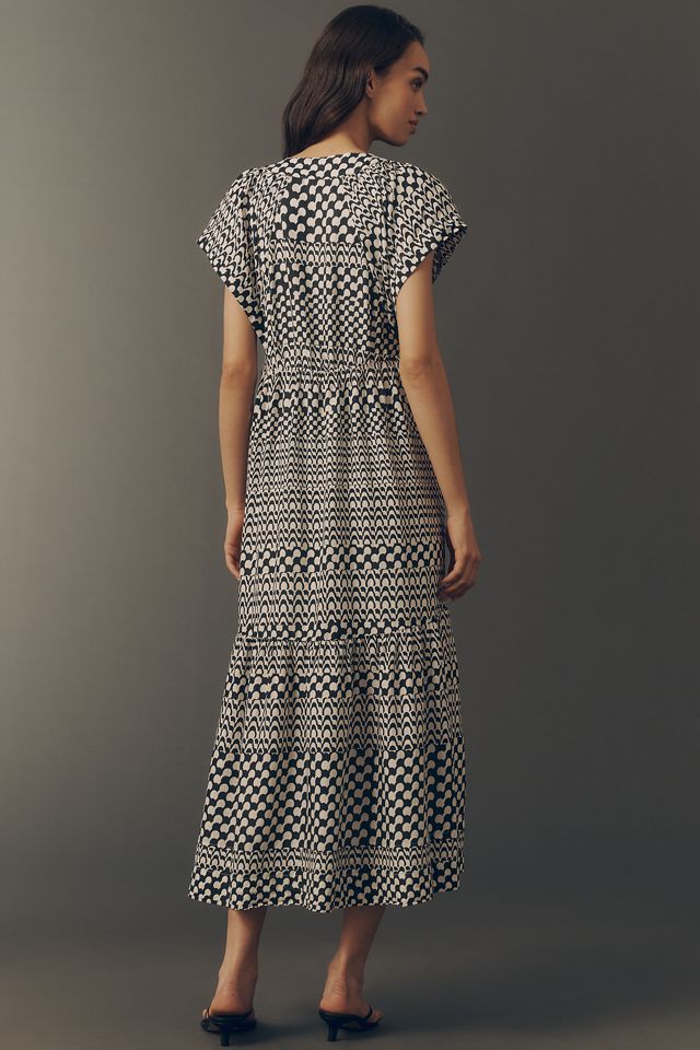 Rene Flutter-Sleeve Linen Button-Front Midi Dress by Anthropologie in Blue, Size: Large