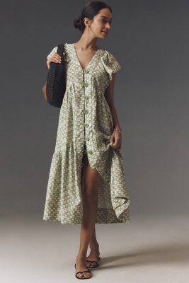 By Anthropologie Flutter-sleeve Linen Button-front Midi Dress In Multicolor