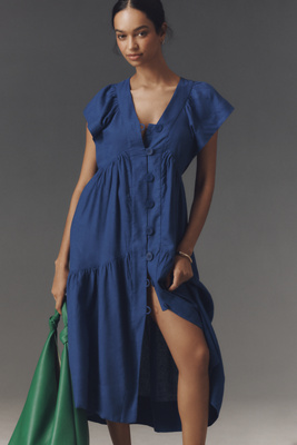 By Anthropologie The Reneé Flutter-sleeve Linen Button-front Midi Dress In Blue