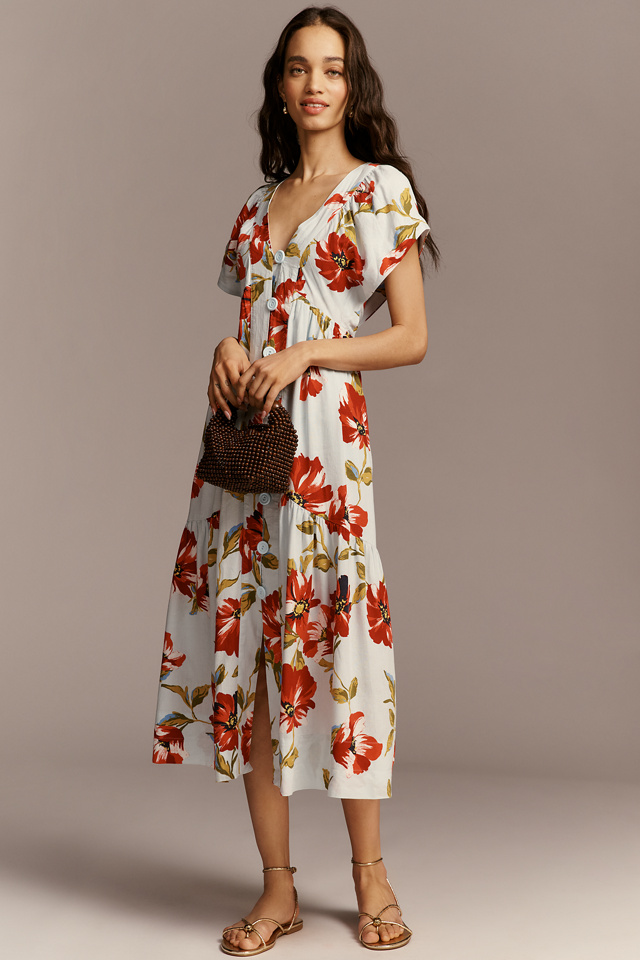 Reneé Flutter-Sleeve Linen Button-Front Midi Dress