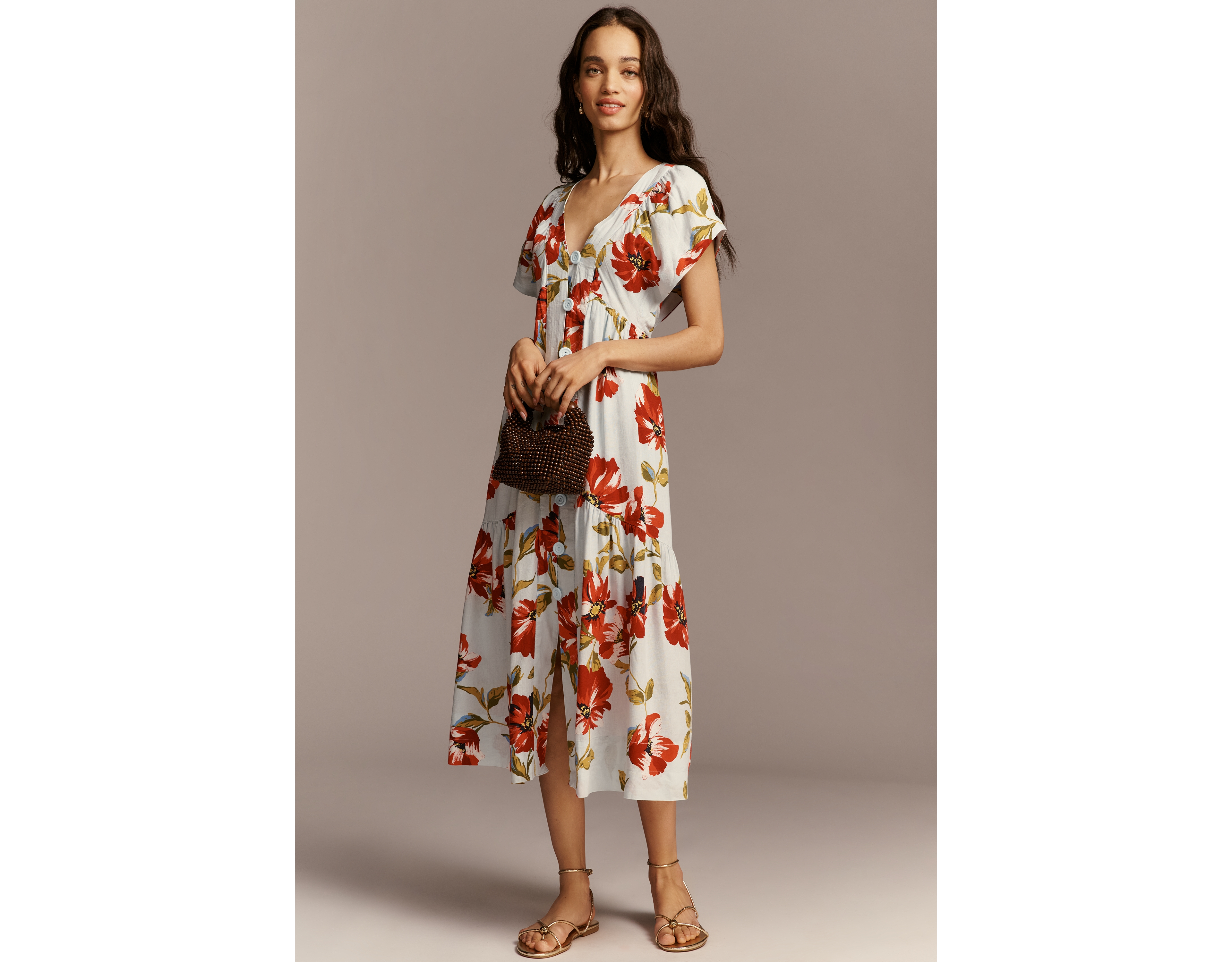 Reneé Flutter-Sleeve Linen Button-Front Midi Dress