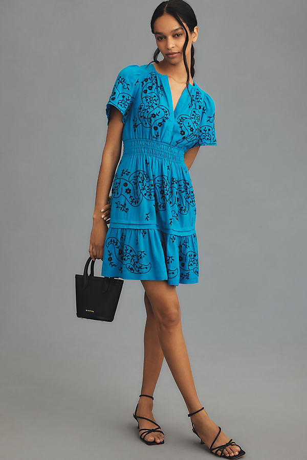 The Somerset Collection By Anthropologie The Somerset Mini Dress: Embroidered Linen Edition In Blue