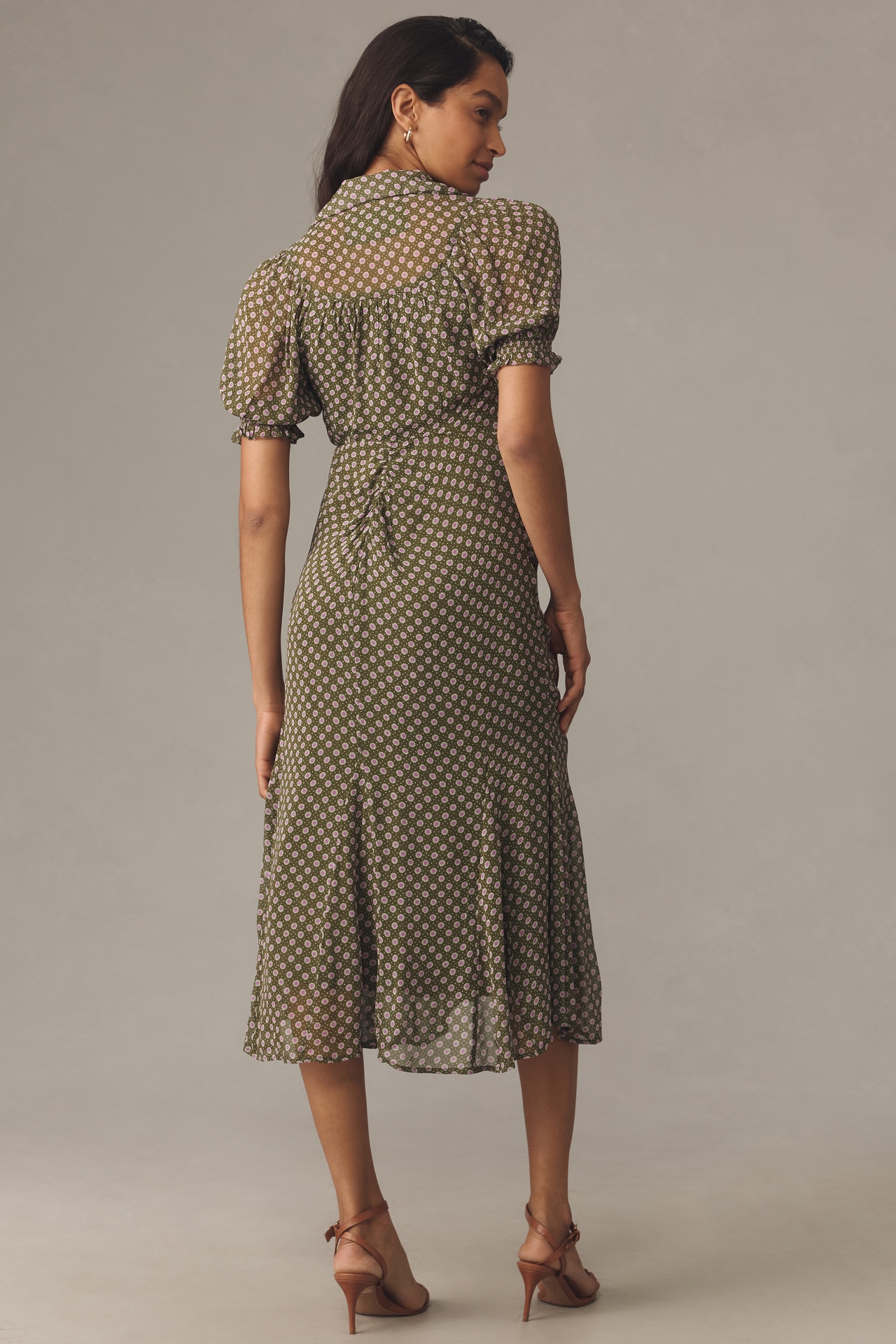 By Anthropologie Puff-Sleeve Ruched Mesh Midi Shirt Dress