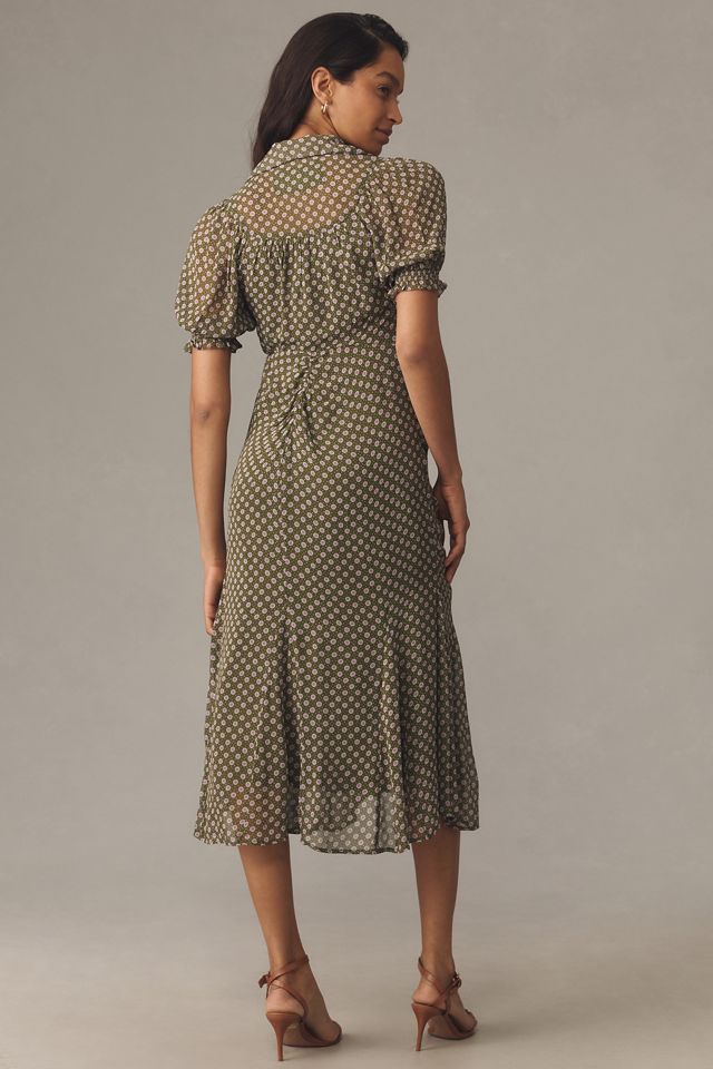 By Anthropologie Puff-Sleeve Ruched Mesh Midi Shirt Dress #1