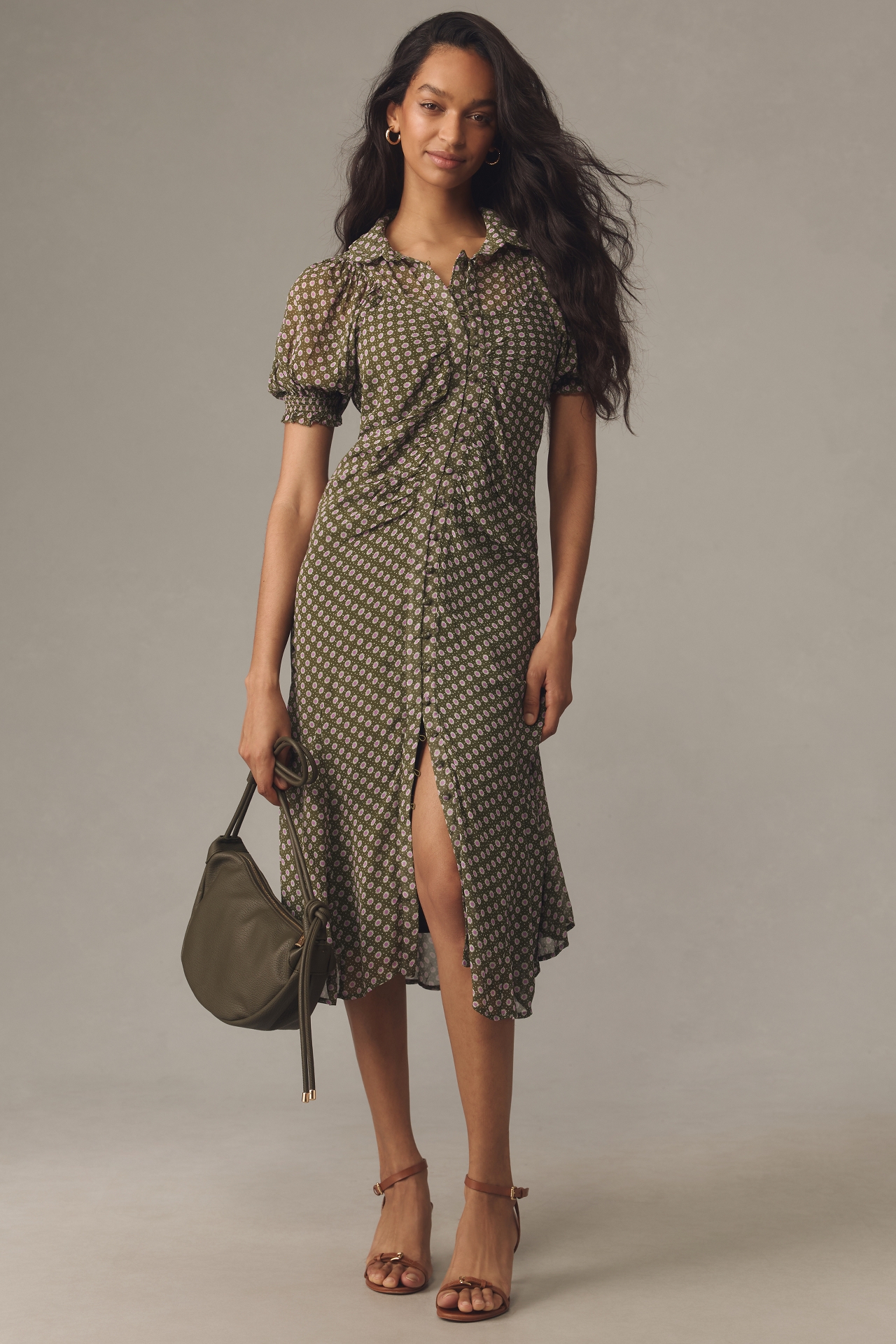 By Anthropologie Puff-Sleeve Ruched Mesh Midi Shirt Dress