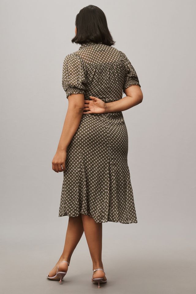 By Anthropologie Puff-Sleeve Ruched Mesh Midi Shirt Dress #4