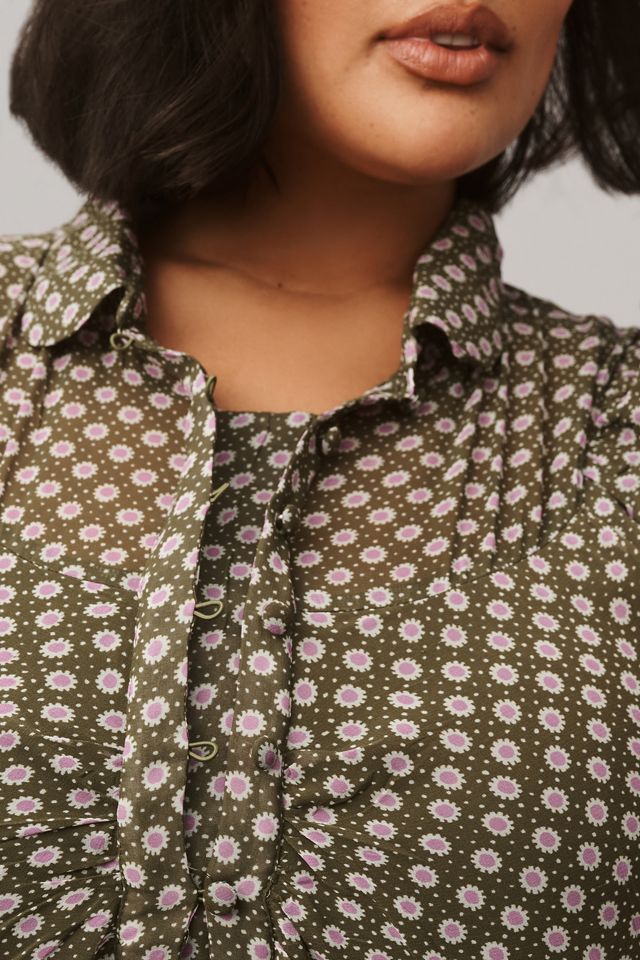 By Anthropologie Puff-Sleeve Ruched Mesh Midi Shirt Dress #6