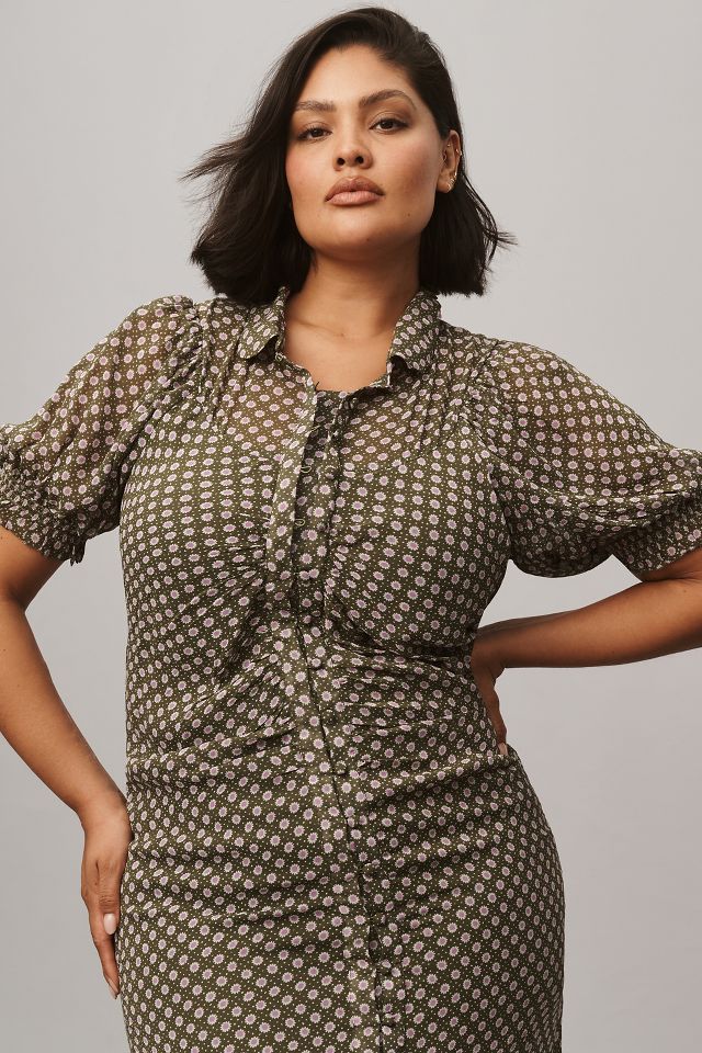 By Anthropologie Puff-Sleeve Ruched Mesh Midi Shirt Dress #3