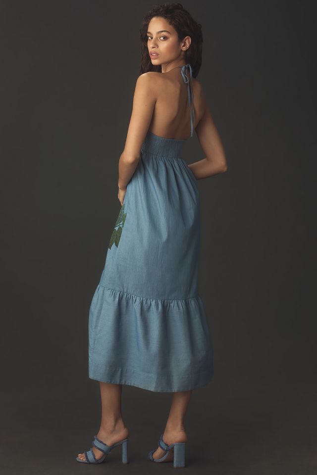 Pilcro Halter Embroidered Denim Midi Dress | Anthropologie