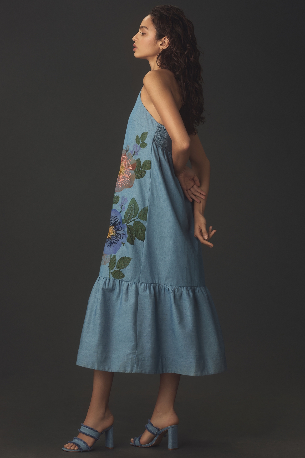 Pilcro Halter Embroidered Denim Midi Dress