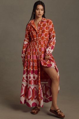 Shop By Anthropologie Long-sleeve Printed Maxi Shirt Dress In Multicolor