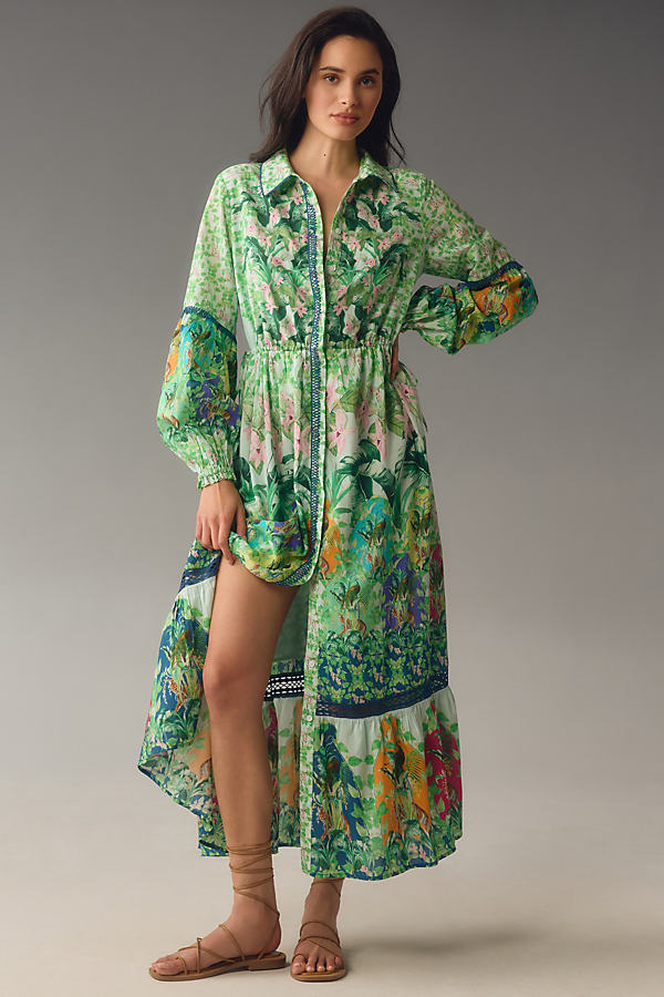 By Anthropologie Long-Sleeve Printed Maxi Shirt Dress