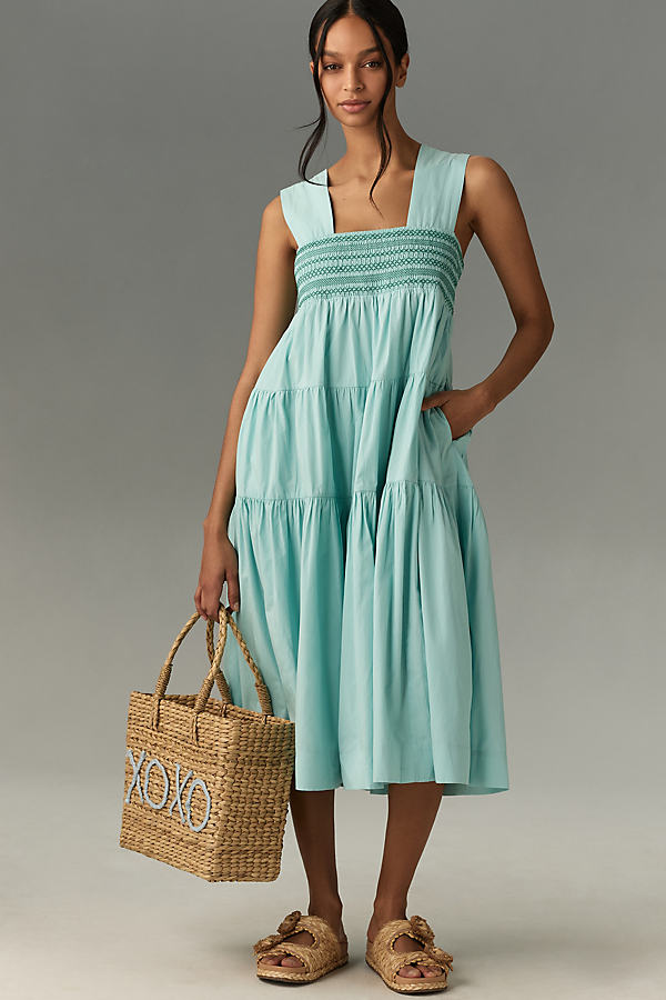 By Anthropologie Square-Neck Smocked Tiered Midi Dress