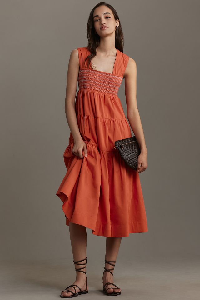 The Helena Square-Neck Tiered Midi Dress | Anthropologie