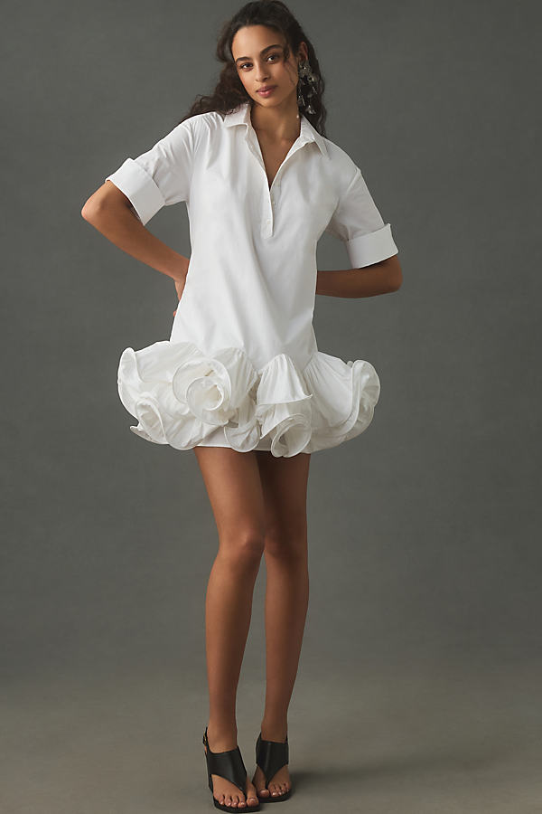 Maeve Short-sleeve Collared 3d Ruffle Mini Dress In White