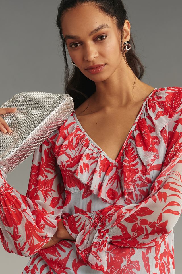 By Anthropologie LongSleeve VNeck Chiffon Ruffle Midi Dress