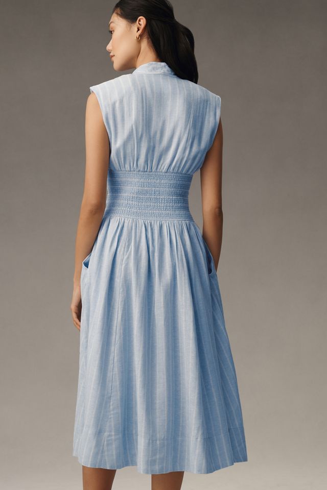 The Tommie Cap-Sleeve Smocked Front-Zip Shirt Dress: Linen Edition #6