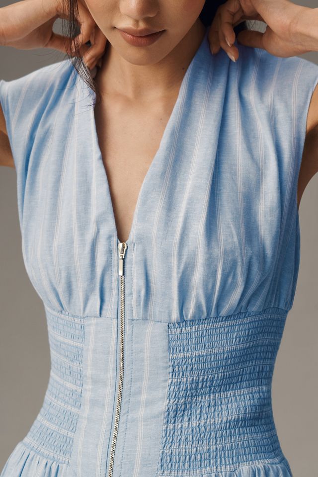 The Tommie Cap-Sleeve Smocked Front-Zip Shirt Dress: Linen Edition #7