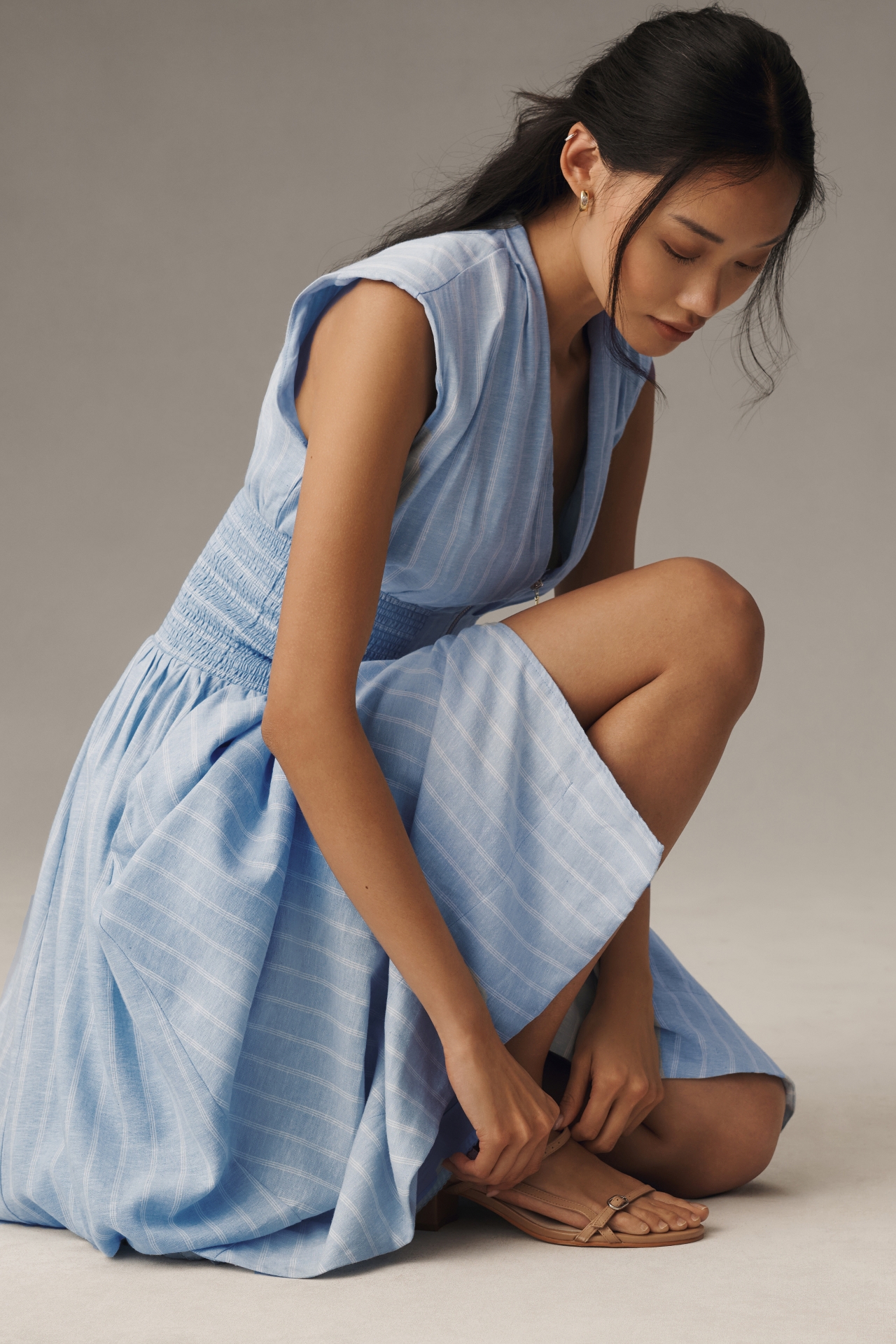 By Anthropologie The Tommie Cap-Sleeve Smocked Front-Zip