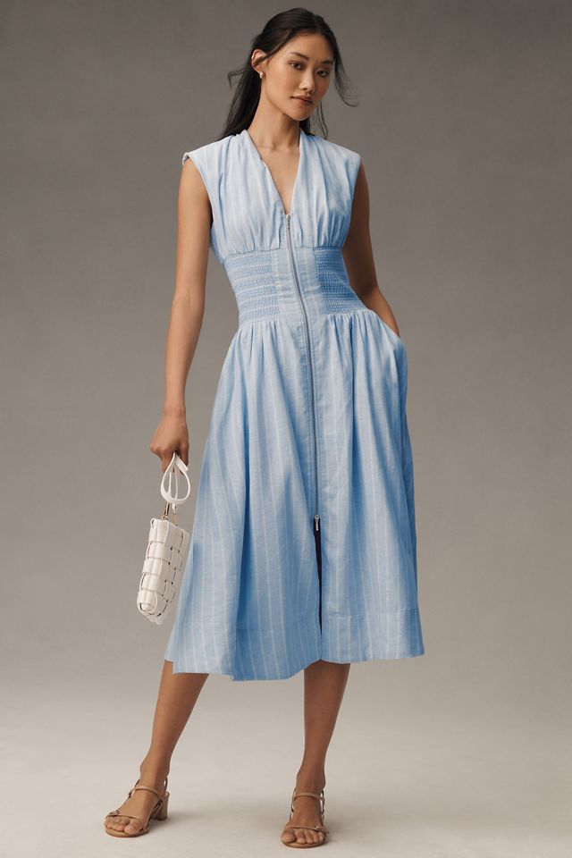 The Tommie Cap-Sleeve Smocked Front-Zip Shirt Dress: Linen Edition #5