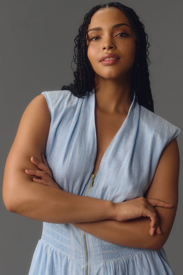 The Tommie Cap-Sleeve Smocked Front-Zip Shirt Dress: Linen Edition #1