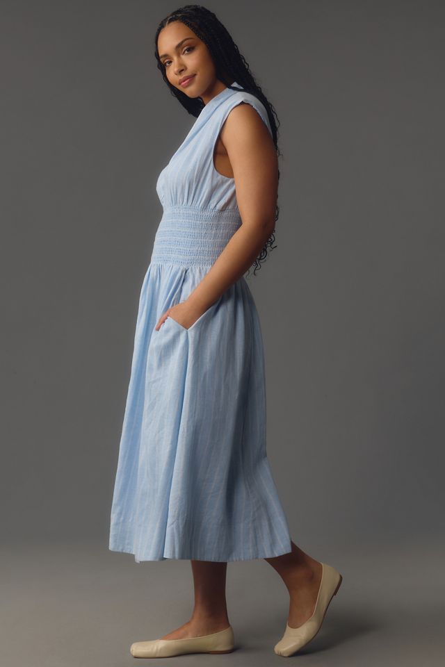 The Tommie Cap-Sleeve Smocked Front-Zip Shirt Dress: Linen Edition #4