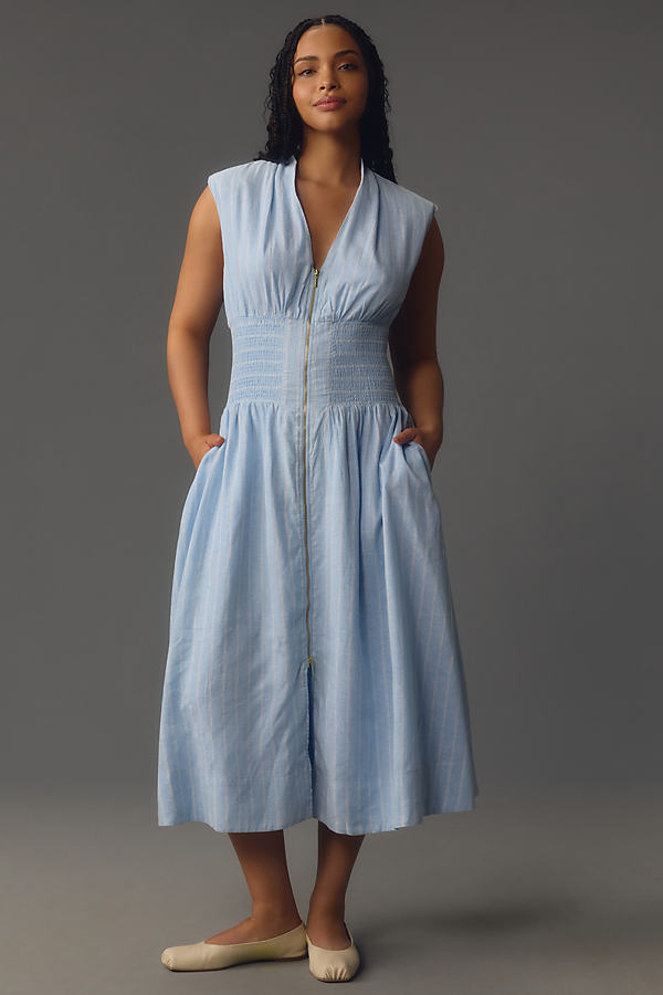 By Anthropologie V-neck Linen Smocked-waist Midi Dress In Blue