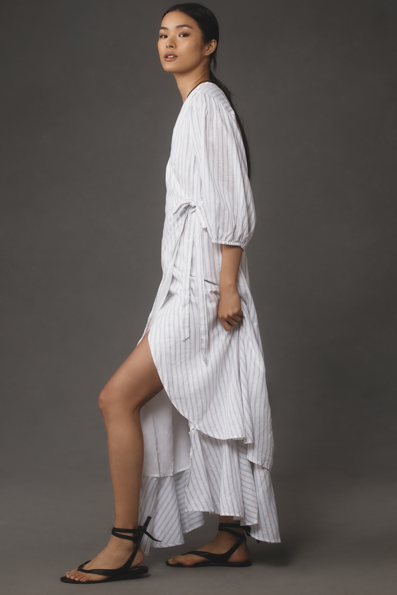 Maeve Asymmetrical Tiered Linen Wrap Dress