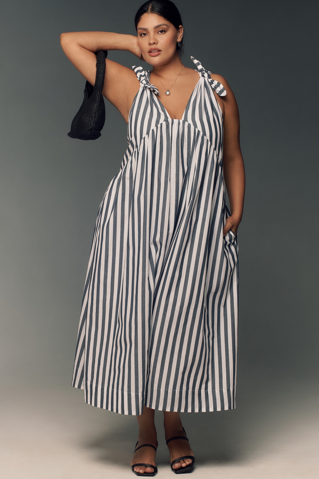 By Anthropologie Bow-Shoulder V-Neck Maxi Dress