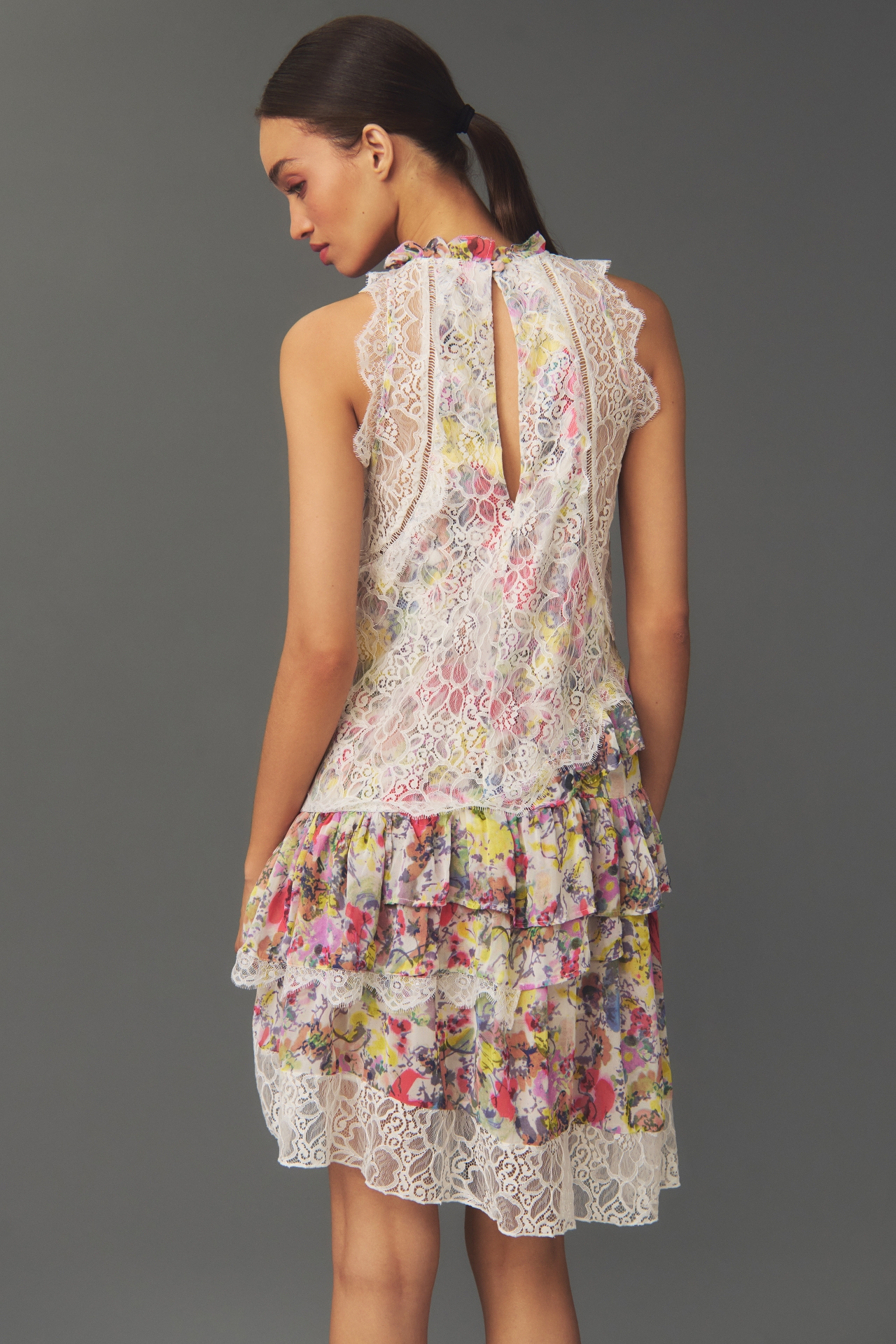 By Anthropologie Sleeveless Lace-Back Tiered Mini Dress