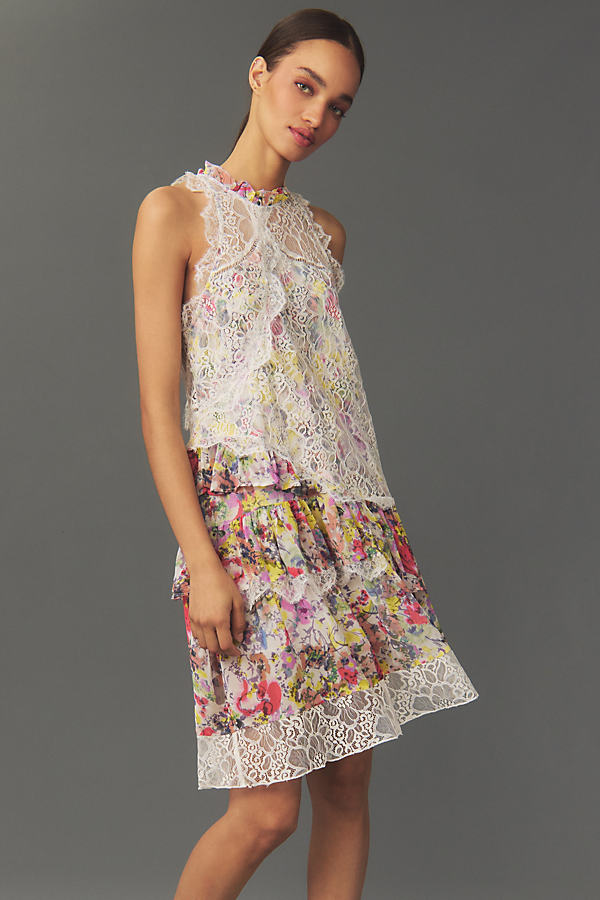 By Anthropologie Sleeveless Lace-Back Tiered Mini Dress