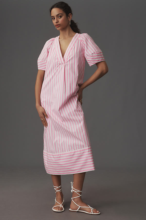 Shop Maeve Puff-sleeve V-neck Midi Dress In Pink