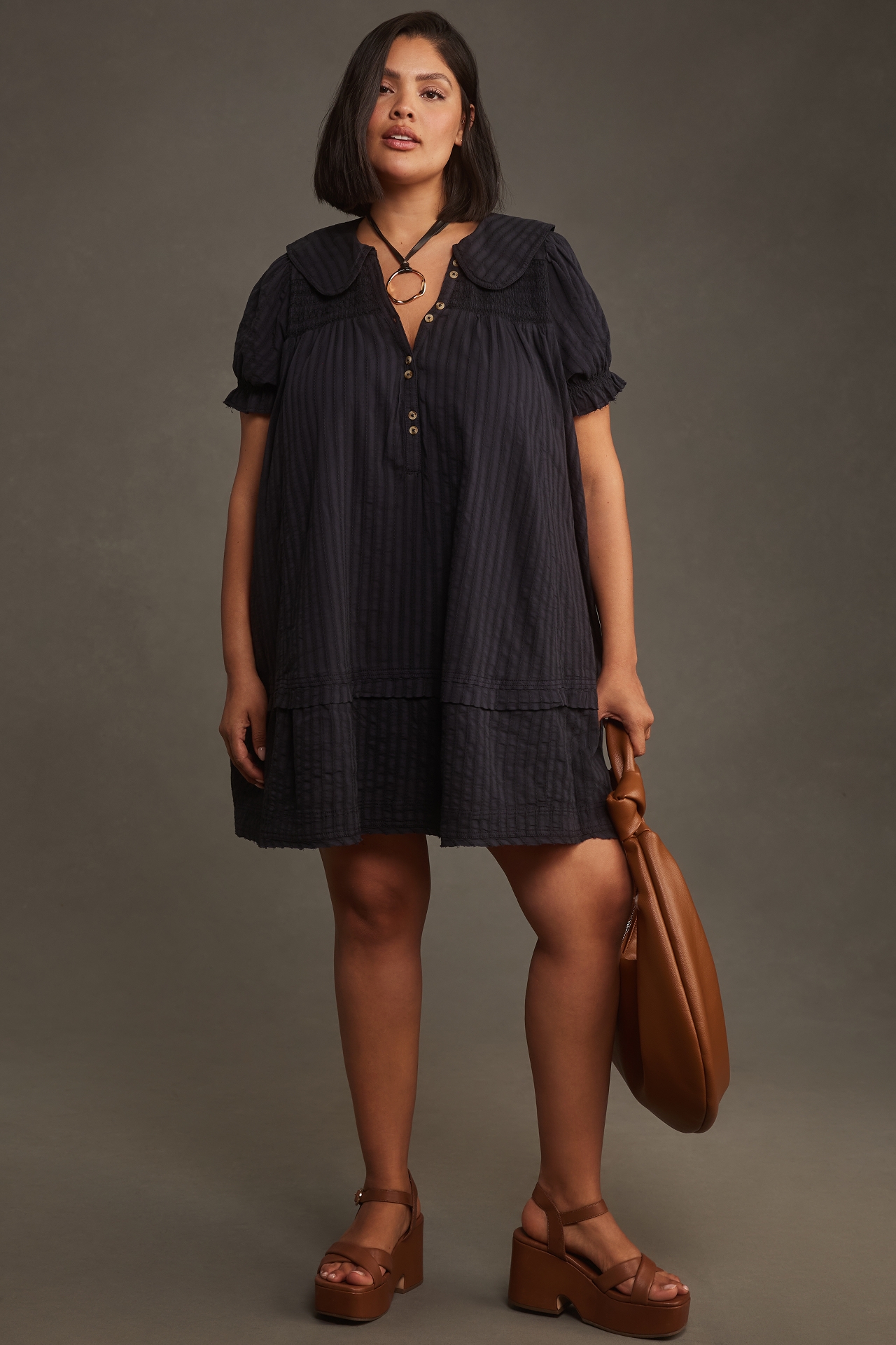 The Findley Puff-Sleeve Collared Mini Dress by Pilcro​