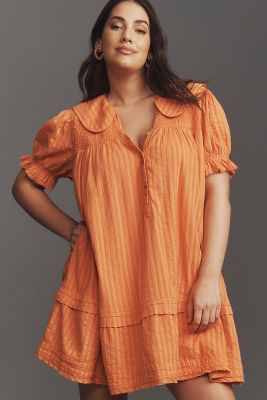Shop Pilcro Puff-sleeve Collared Mini Dress In Orange