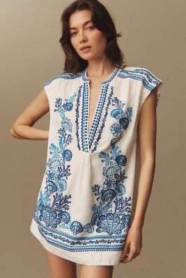 Shop Maeve Embroidered Linen Tunic Dress In White