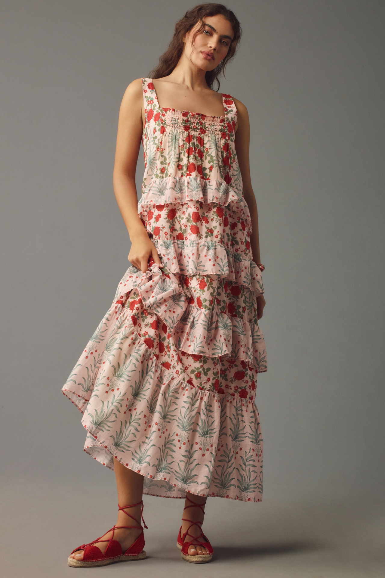 By Anthropologie Sleeveless Square-Neck Tiered Midi Dress