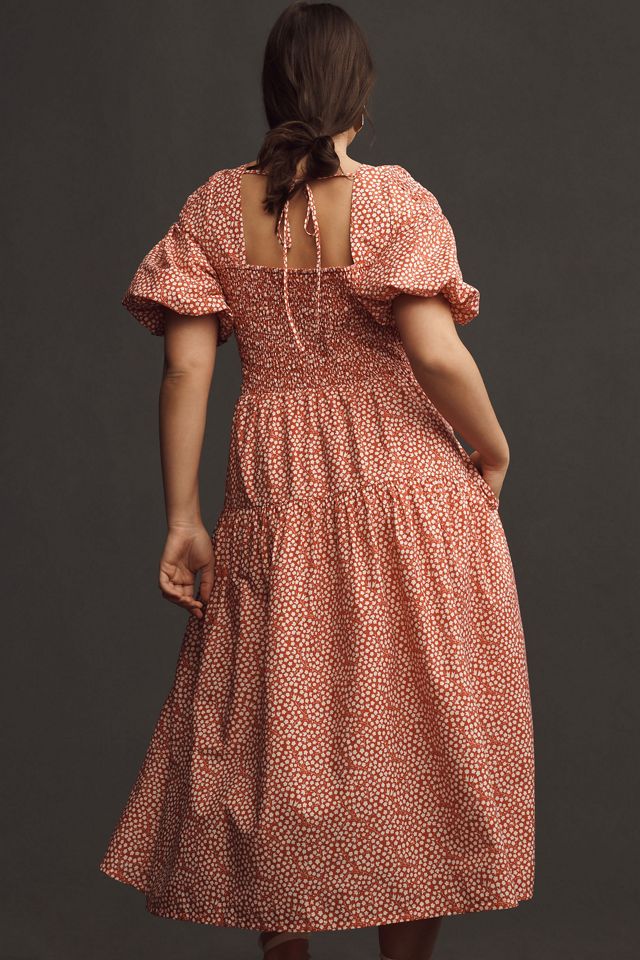 By Anthropologie Puff-Sleeve Smocked Poplin Midi Dress #5