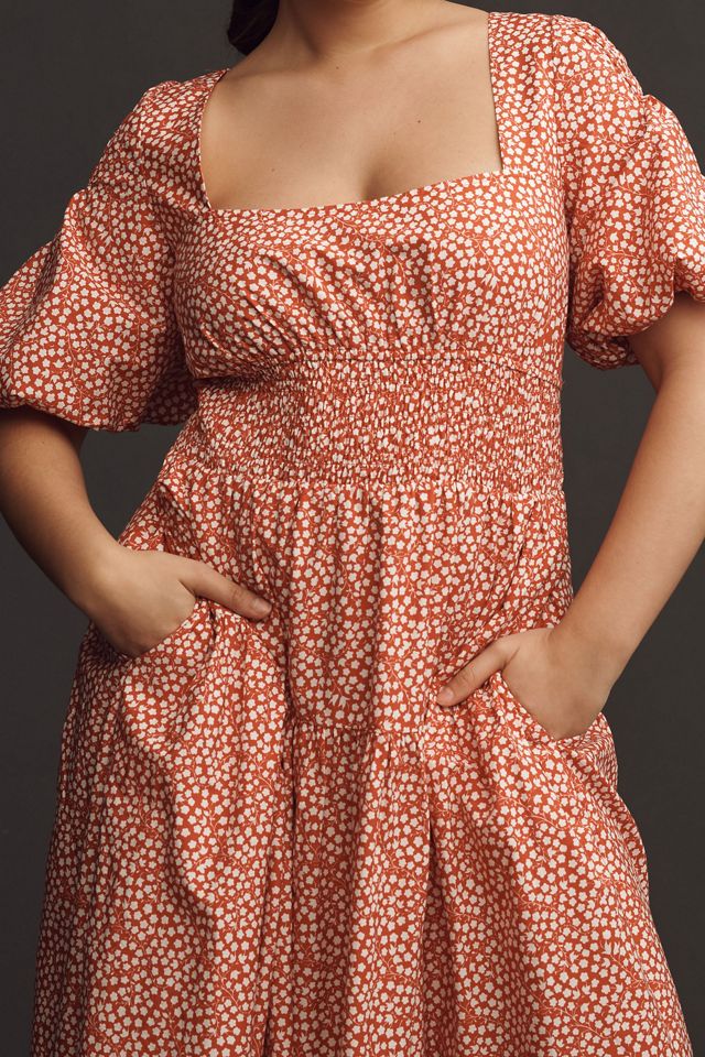 By Anthropologie Puff-Sleeve Smocked Poplin Midi Dress #6