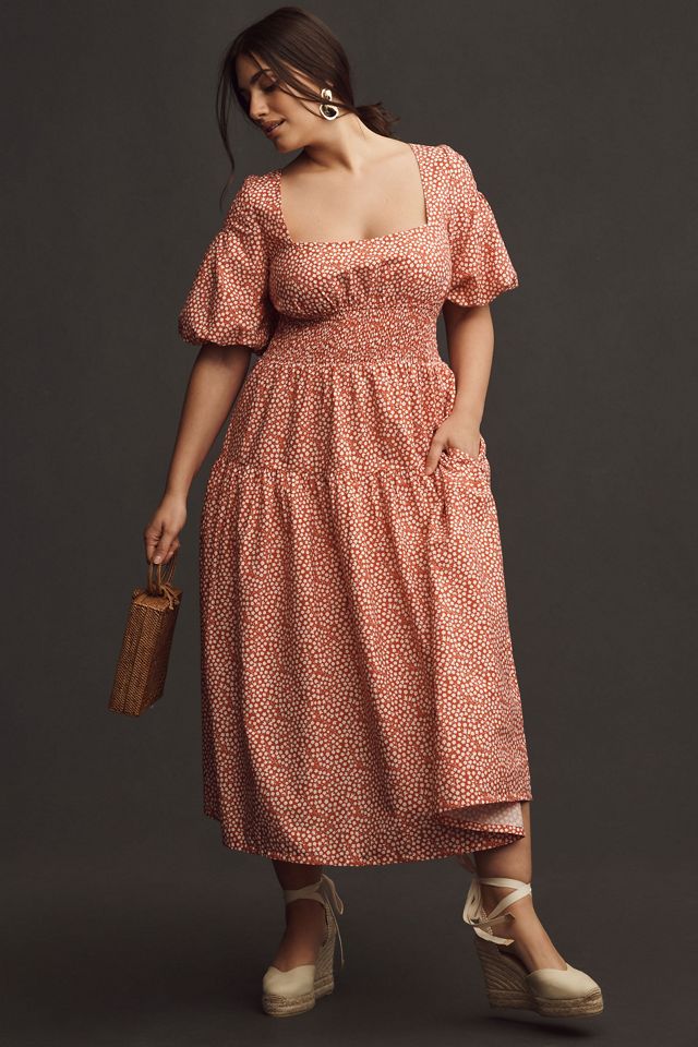 By Anthropologie Puff-Sleeve Smocked Poplin Midi Dress #4