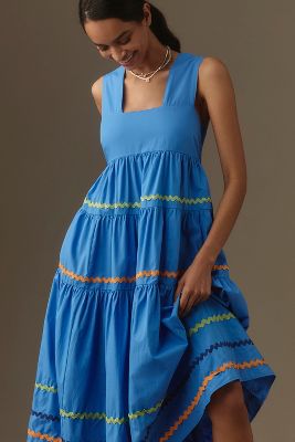 By Anthropologie Sleeveless Tiered Babydoll Midi Dress In Blue