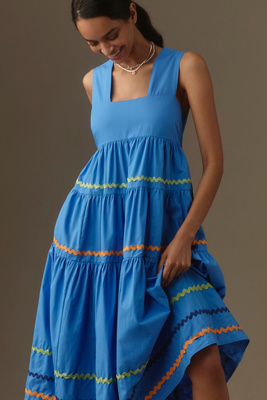 the helena square-neck tiered midi dress: smocked denim edition Anthropologie The Helena Square Neck Tiered Midi Dress Smocked Denim Edition